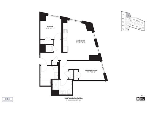 Floor plan for 2 beds, 2 baths, 975 sqft